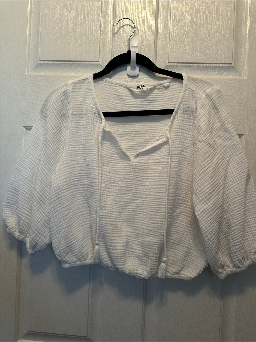 White Textured Cotton Peasant Blouse - Women Tops Fits like S/M